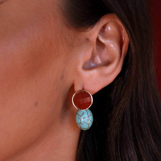 Brinco Cristal Marrom com Pedra Oval Turquesa Dourado