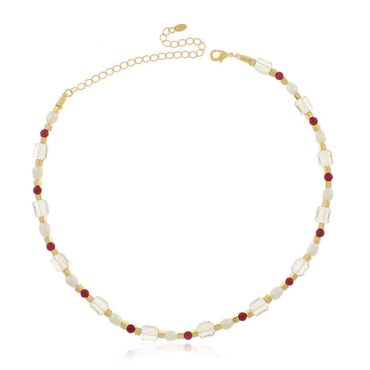Colar Cristais Vermelho e Âmbar com Pérola Dourado