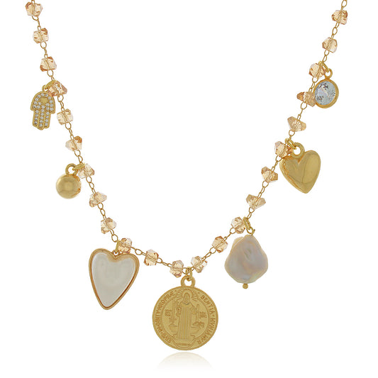 Colar Cristais com Pingentes Diversos Dourado