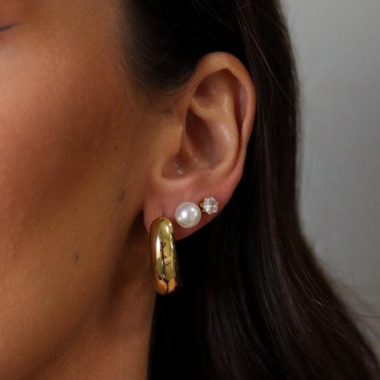 Brinco Trio Argola Alongada Lisa, Brinco Pérola e Ponto de Luz Cristal Dourado