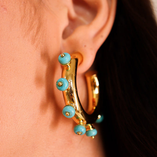 Brinco Argola Lisa com Cristais Turquesa Dourado