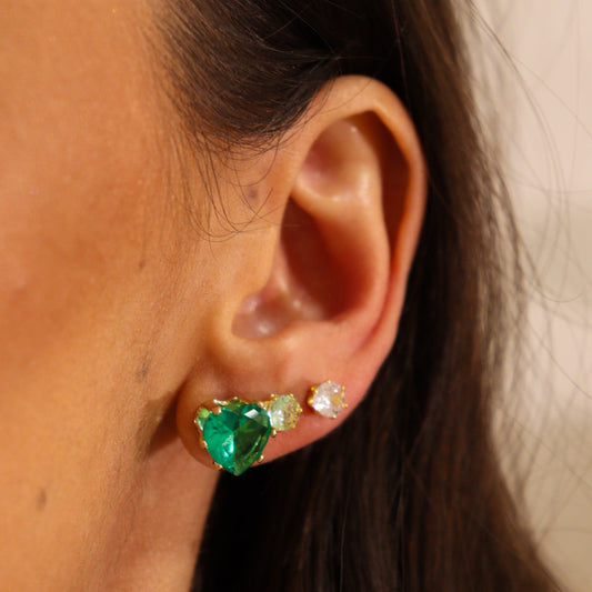 Brinco Trio Coração Maior Verde e Pontos de Luz Verde Claro e Cristal Dourado