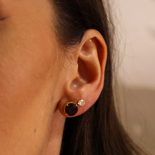 Brinco Dupla Ponto de Luz Roxo e Cristal Dourado