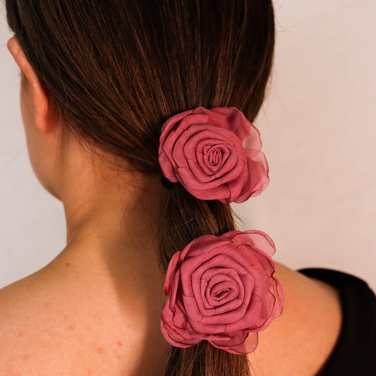 Amarrador de Cabelo Dupla de Flores em Tecido Rosa/Verde