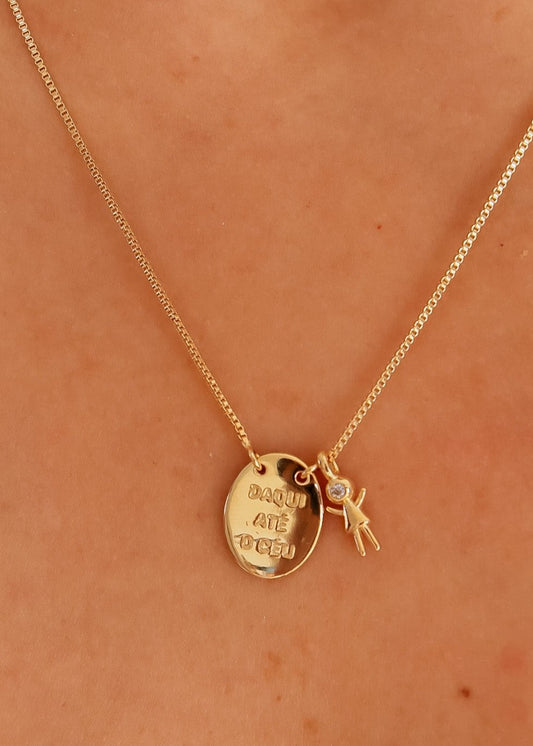 Colar Medalha Daqui Até o Céu com Pingente Menino ou Menina Dourado