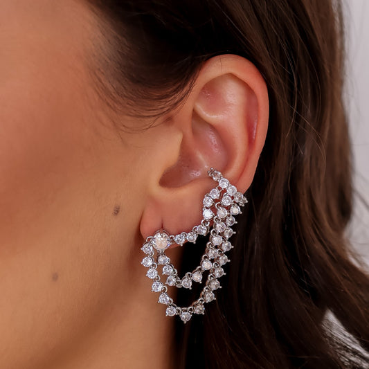 Brinco Assimétrico Ear Cuff Cristais e Ponto de Luz Prateado/Dourado