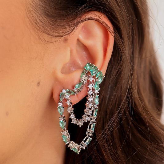 Brinco Ear Cuff Corrente Cravejada com Piercing Colorido Prateado