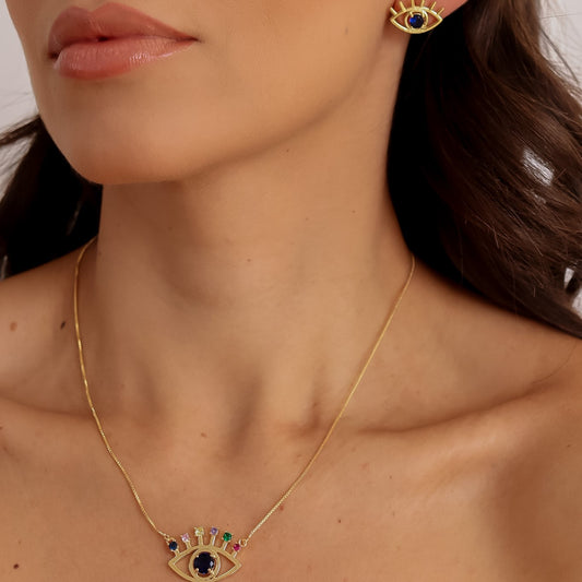 Conjunto Colar e Brinco Olho Grego Azul com Colorido ou Cristal Dourado
