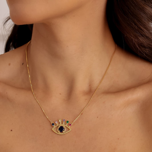 Conjunto Colar e Brinco Olho Grego Azul com Colorido ou Cristal Dourado