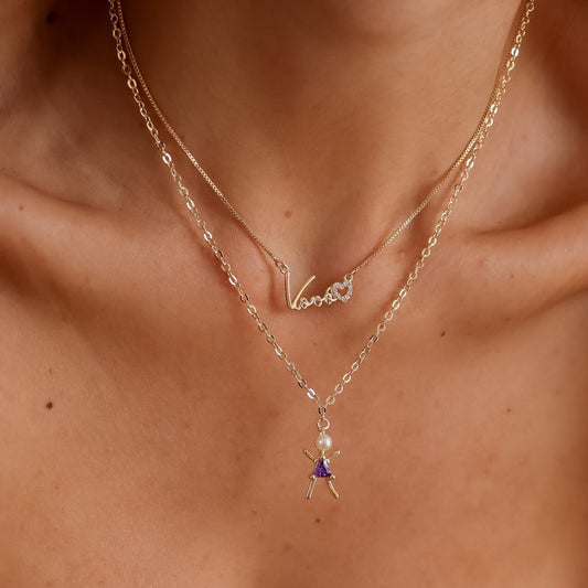 Colar Liso com Pingente Menino/Menina Colorido e Pérola Dourado