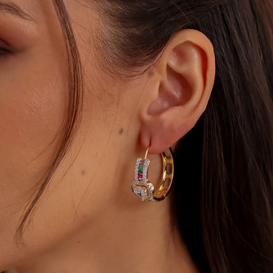 Brinco Argola Cravejada Coração Colorido Dourado