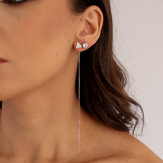 Brinco Dupla Triângulo Passante e Ponto de Luz Prateado