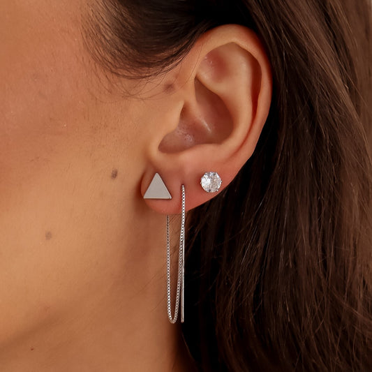 Brinco Dupla Triângulo Passante e Ponto de Luz Prateado