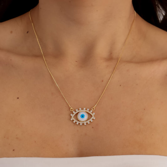 Colar Olho Grego Cravejado Colorido/Cristal Dourado