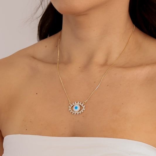 Colar Olho Grego Cravejado Colorido/Cristal Dourado