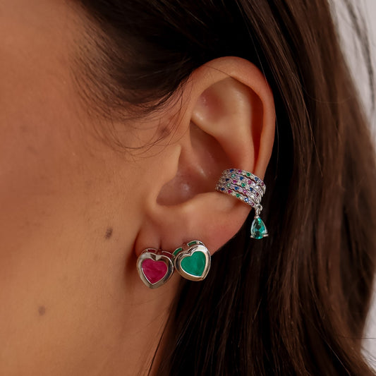 Brinco Coração Colorido Entorno Liso Prateado