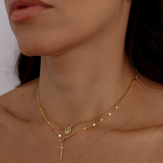 Colar Duplo Corrente Medalha e Crucifixo Dourado