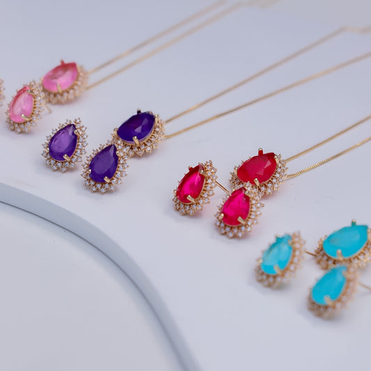 Conjunto Colar e Brinco Gota Colorida Entorno Duplo Cravejado Dourado