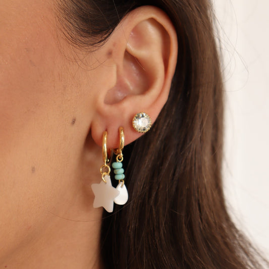 Brinco Trio Estrela e Gota Madrepérola com Ponto de Luz Dourado