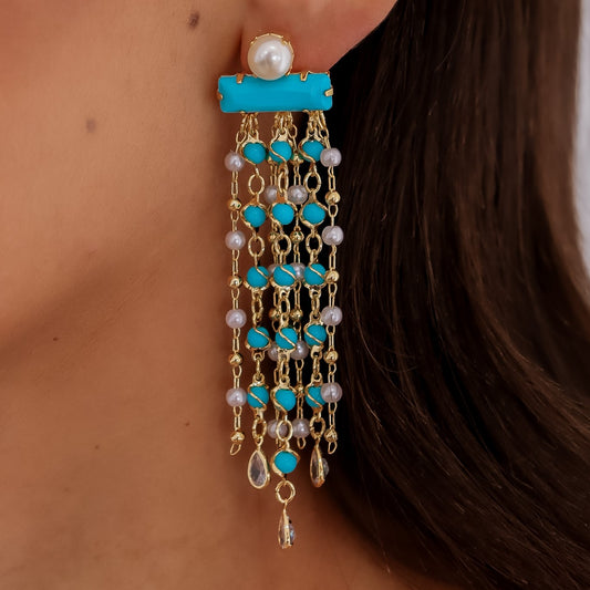 Brinco Retângulo Azul Turquesa com Franja de Pérolas e Cristais Dourado