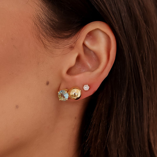 Brinco Trio Colorido Esfera e Ponto de Luz Cristal Dourado