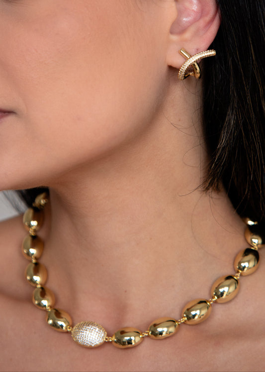 Conjunto Colar Dourado com Elos Ovais e Pingente Cravejado + Brinco