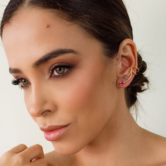 Brinco Ear Cuff com Oval Rosa e Lavanda Dourado