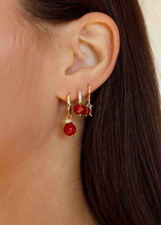 Trio de Brincos Argola Pingentes Vermelhos