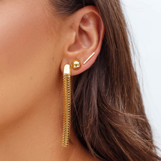 Brinco Trio Malha Pendurada Meia Esfera e Cano Liso Dourado