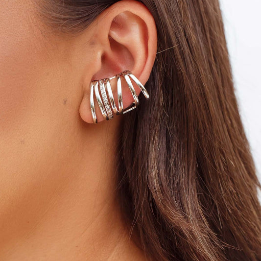 Brinco Ear Cuff Liso e Cravejado Prateado