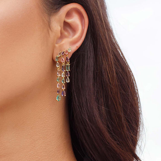 Brinco Ear Cuff Cristais Pendurados Coloridos Dourado