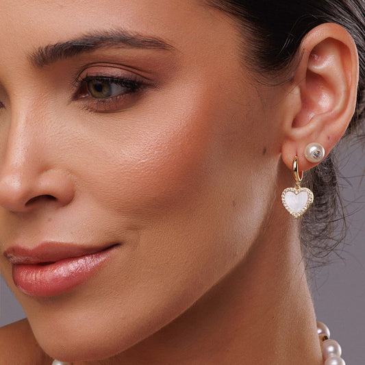 Brinco Dupla Argola com Coração e Pérola Dourado