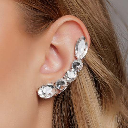 Brinco Ear Cuff Ovais Cristais Prateado