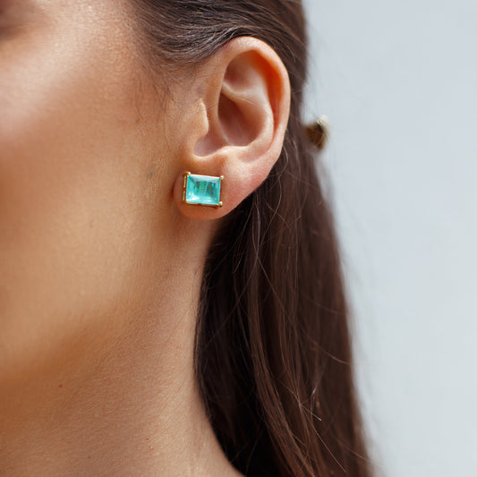 Brinco Retângulo Esmeralda Colombiana Dourado