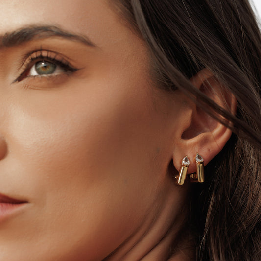 Brinco Argola Quadrada com Gota Cristal Dourado