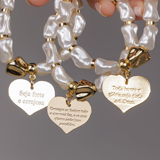 Pulseira Pérolas com Pingente Coração Frases Dourado