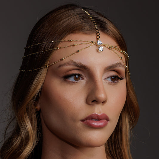 HeadPiece Corrente Esferas e Elos com Ponto de Luz Dourado/Prateado