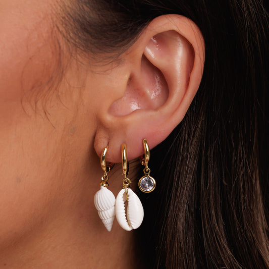 Brinco Trio Conchas e Cristal Dourado