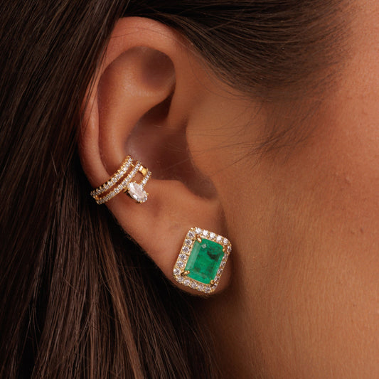 Brinco Retângulo Esmeralda Colombiana Entorno Cravejado Dourado