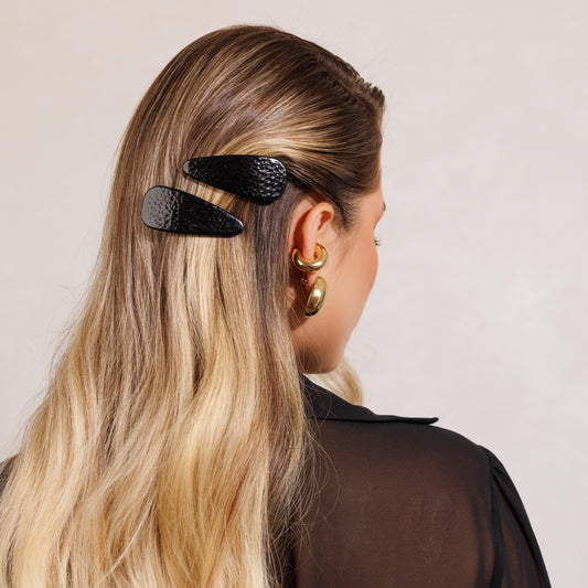 Dupla de Grampos para Cabelo Tic Tac Couro Verniz Preto/Vermelho