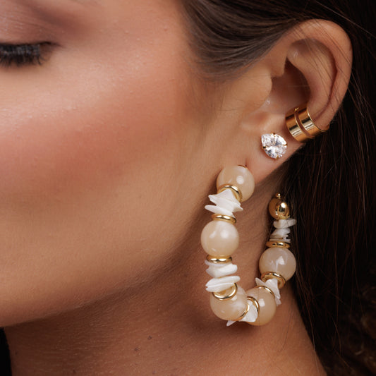 Brinco Argola Cristais Creme com Pérola Dourado