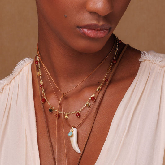 Colar Dupla Choker Medalhinhas e Cristais Vermelhos com Cordão e Pingente de Dente Dourado