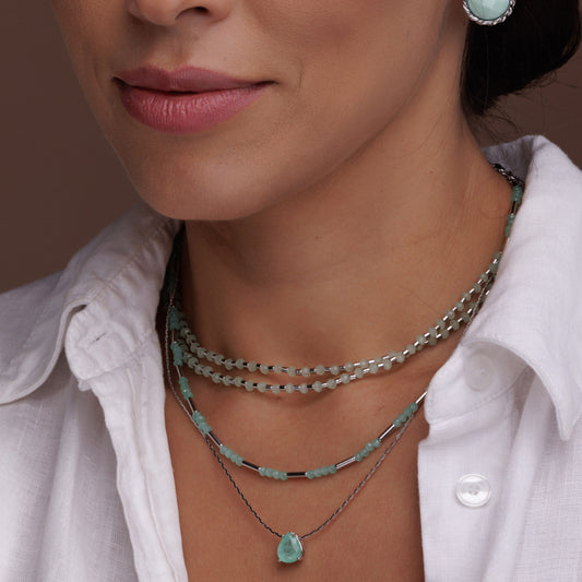 Colar Cristais Verde Água com Canutilhos Prateado