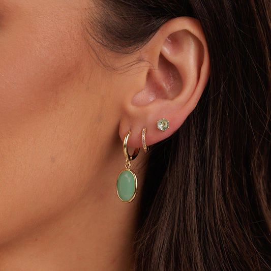 Brinco Trio Argola Cravejada e com Oval Esmeralda Colombiana Dourado