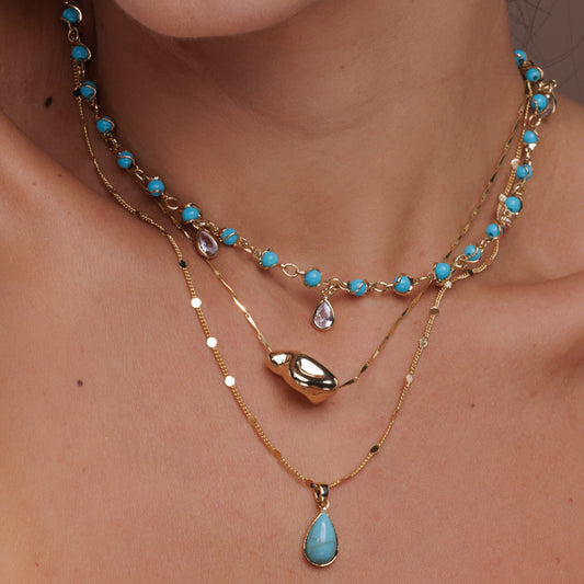 Colar Dupla Orgânico e Gota Turquesa Dourado