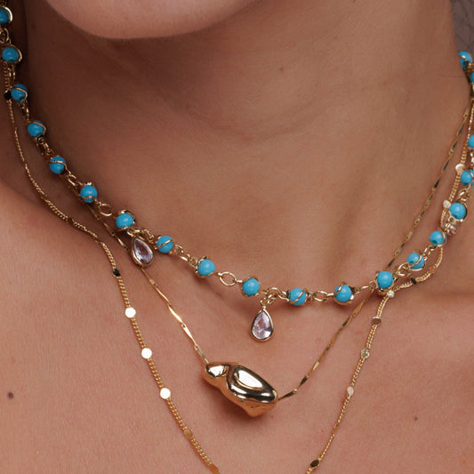 Colar Elos com Esferas Turquesa Dourado