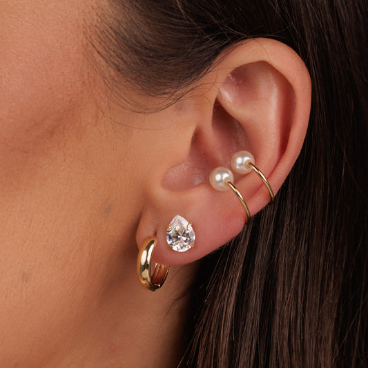 Brinco Trio Argola Lisa e Gota Ponto de Luz com Piercing Pérolas Dourado