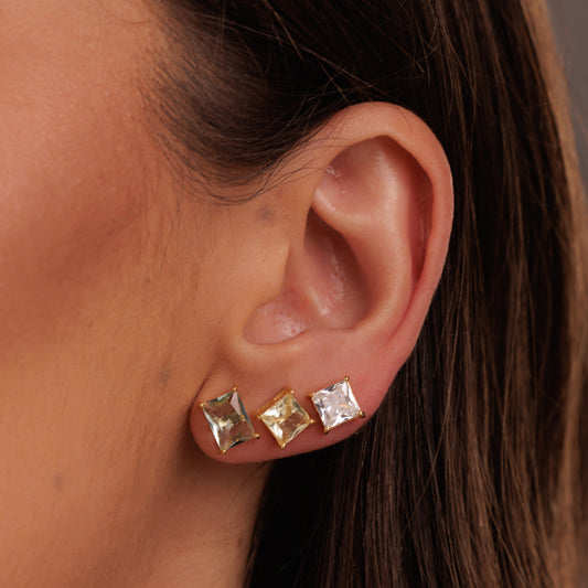 Brinco Trio Quadrados e Retângulo Colorido Dourado