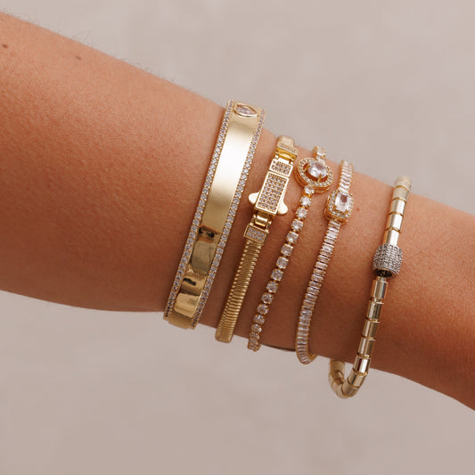 Pulseira Mola com Fecho de Click Cravejado Dourado/Prateado