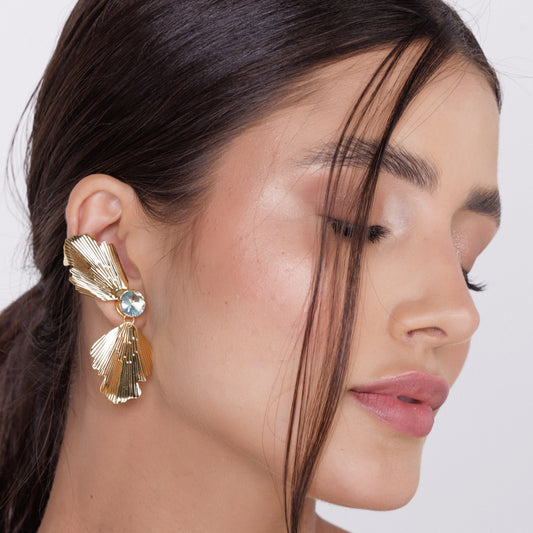 Brinco Ear Cuff Folhas Duplas com Cristal Dourado